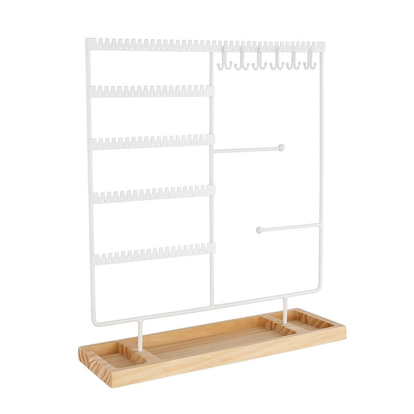 Sieradenhouder Wit met Houten Bodem – Organizer voor Kettingen, Oorbellen en Armbanden – Met Haakjes, Gaatjes en Opbergvakjes – 36,8 x 29 cm