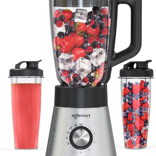 Safecourt Kitchen Power blender - 5 automatische programma's - Smoothie maker - +2 to go cups - RVS