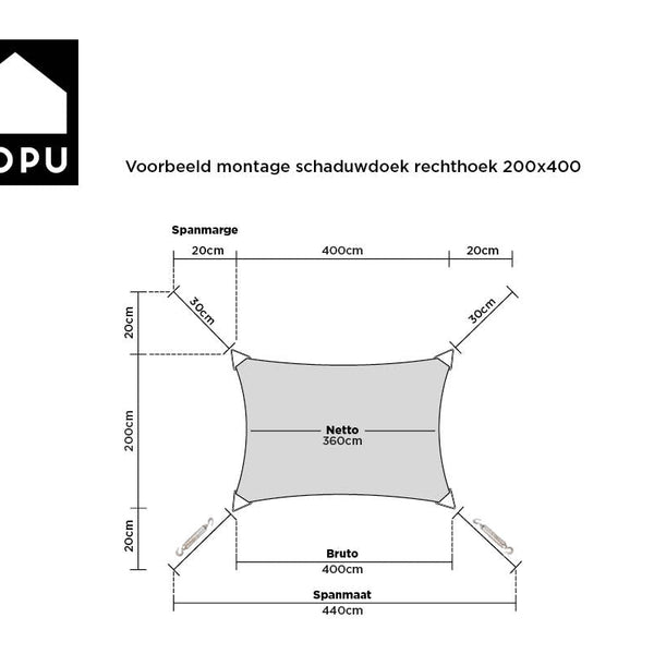 Kopu® Schaduwdoek Rechthoek 2x4 m Waterdicht - Zonnedoek - Creme