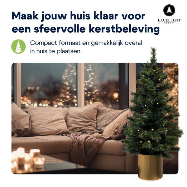 Kerstboom Excellent Trees® Husby 90 cm in Pot met 80 LED lampjes op batterijen - Kunstkerstboom LED verlichting - Hoogwaardig naald PVC