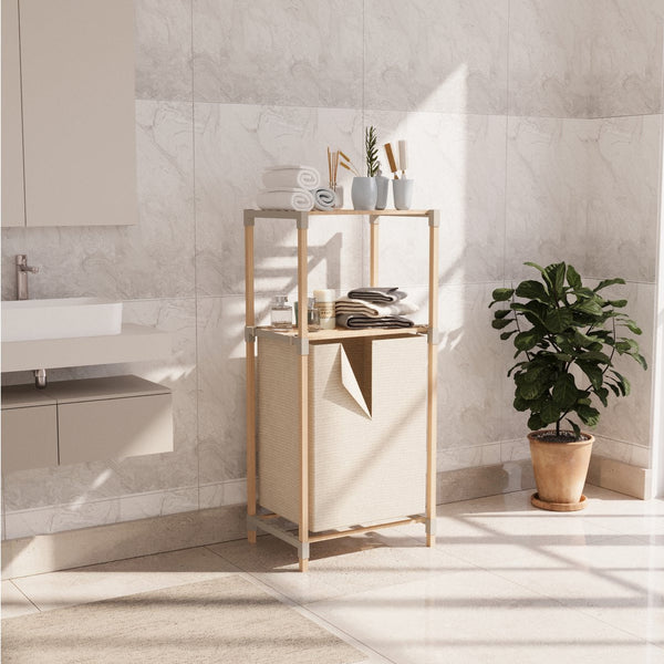 FixWood Houten Wasmand met Opbergplanken – Opbergrek met 2 Niveaus – Badkamer & Slaapkamer – Stijlvol & Stevig – Naturel