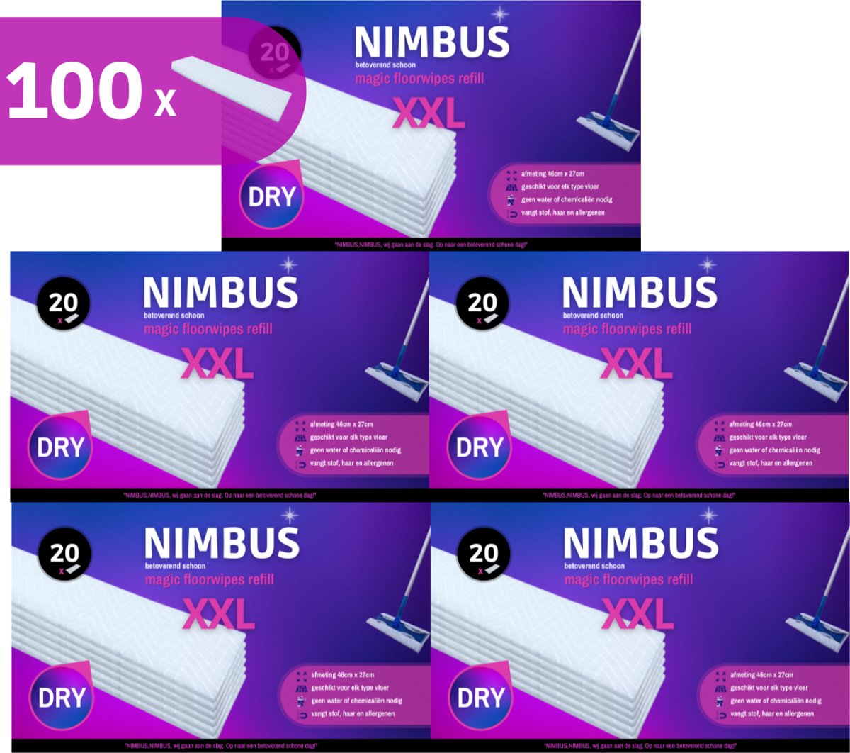 NIMBUS Magic Floorwipes Refill XXL (100x) - Droge Vloerdoekjes 46cm x 27cm - Geschikt voor Swiffer