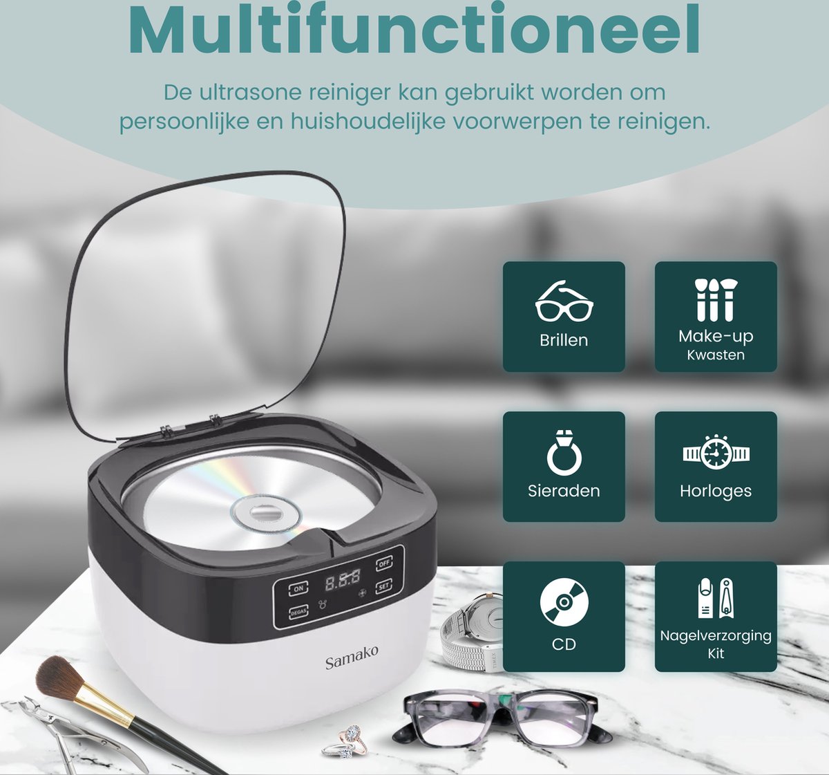 Samako Professionele Ultrasoon Reiniger - Reinigingsapparaat - Ultrasoonbad - Brillen - Sieraden - Horloge - Make-up kwast - 750 ml