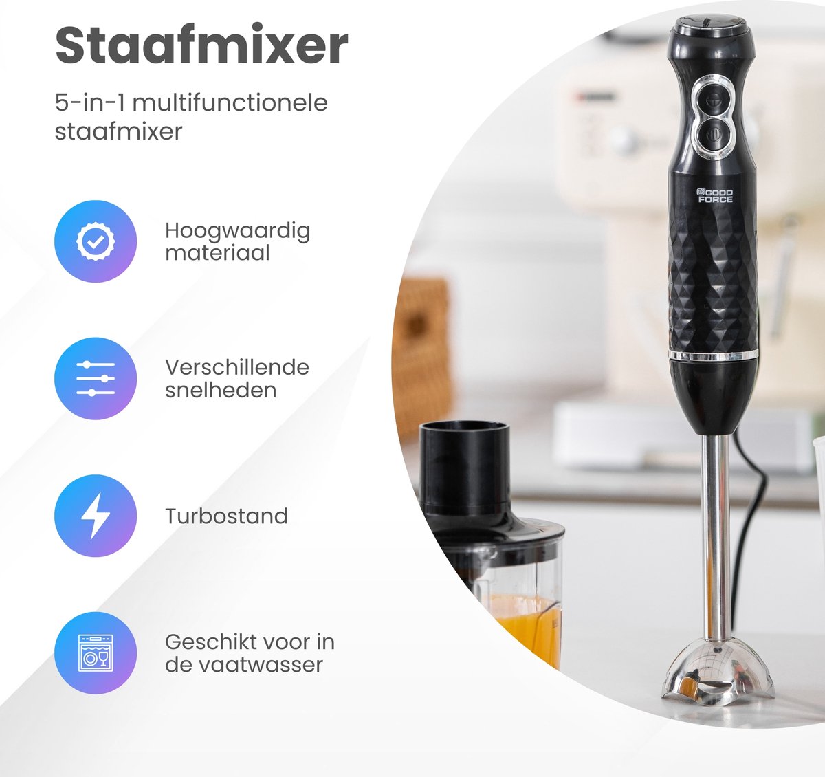 GoodForce RVS Staafmixer - 6 in 1 Staafmixer Set met Hakmolen - Smoothiemaker- Garde - Klopper - 600 ml Mengbeker