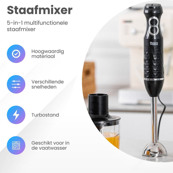 GoodForce RVS Staafmixer - 6 in 1 Staafmixer Set met Hakmolen - Smoothiemaker- Garde - Klopper - 600 ml Mengbeker