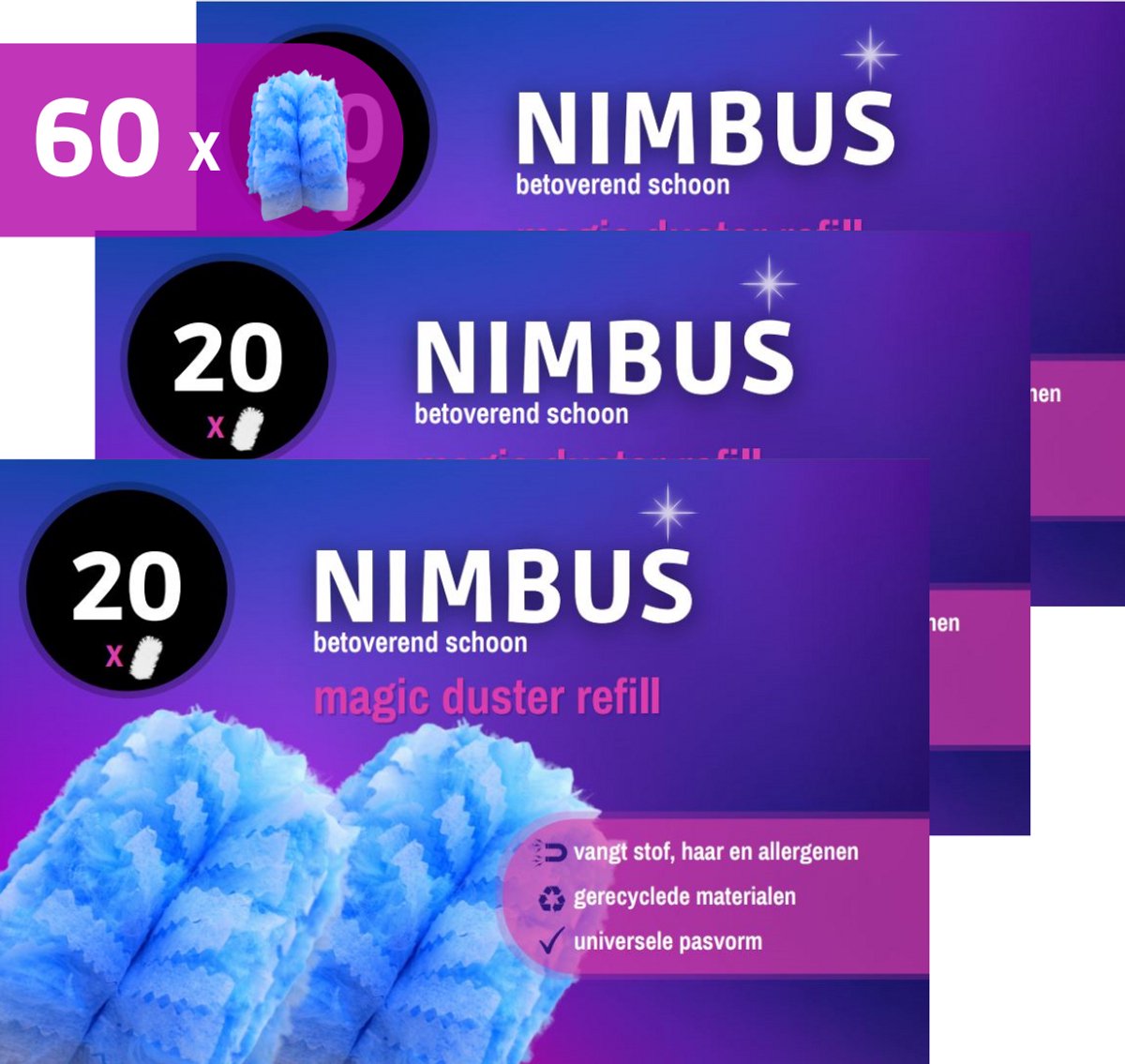 NIMBUS Magic Duster Refill - 60 Navullingen (3x20) - Geschikt voor Swiffer Handvat