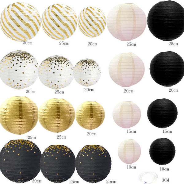 20 Stuks Lampionnen Feest Versiering Set Zwart Goud & Wit