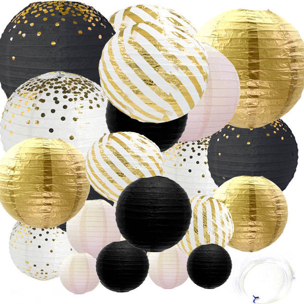 20 Stuks Lampionnen Feest Versiering Set Zwart Goud & Wit