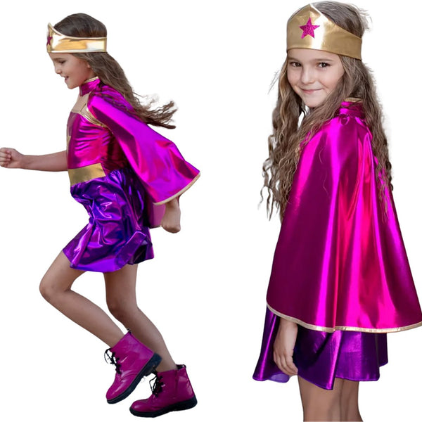 Metallic Superheldin Verkleedjurk met cape en kroon Roze & Paars