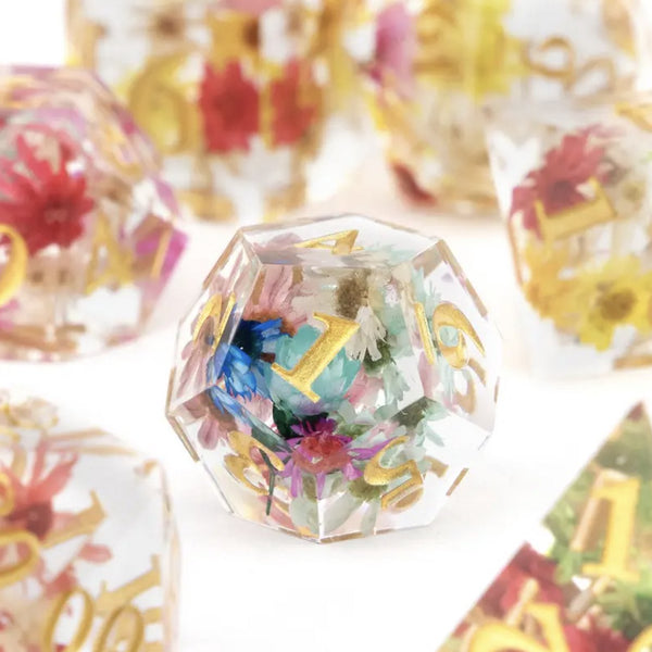 Dungeons and Dragons Dobbelsteen set Transparant met gekleurde Bloemen