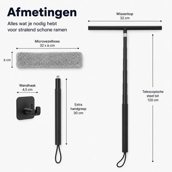 Raamwisser met Telescoopsteel - 120 cm Uitschuifbaar - Raamtrekker met Siliconen Wisser - Douchewisser - Raamwisser voor Douche, Tegels, Spiegels en Ramen - Inclusief Wandhouder & Microvezeldoek