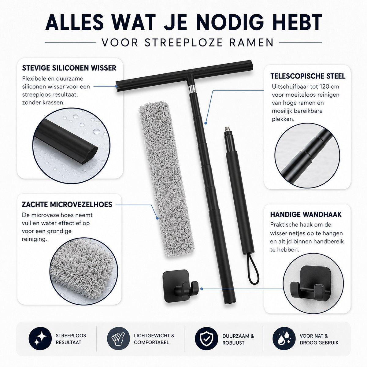 Raamwisser met Telescoopsteel - 120 cm Uitschuifbaar - Raamtrekker met Siliconen Wisser - Douchewisser - Raamwisser voor Douche, Tegels, Spiegels en Ramen - Inclusief Wandhouder & Microvezeldoek