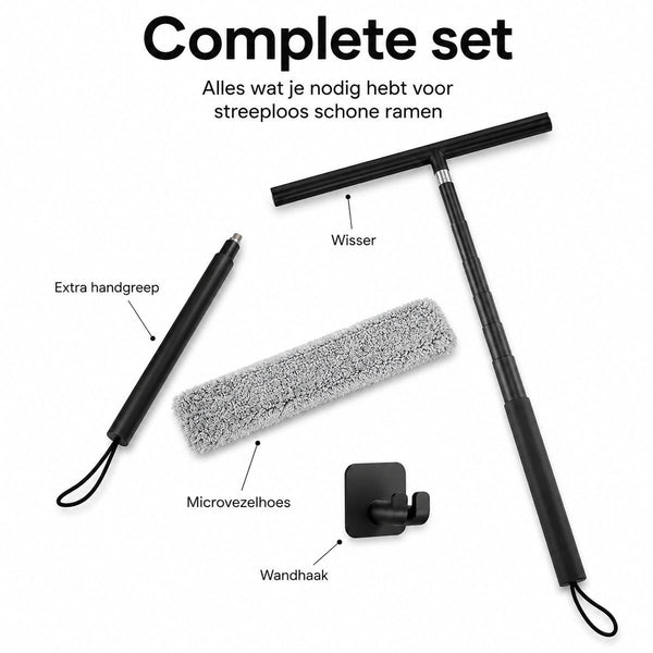 Raamwisser met Telescoopsteel - 120 cm Uitschuifbaar - Raamtrekker met Siliconen Wisser - Douchewisser - Raamwisser voor Douche, Tegels, Spiegels en Ramen - Inclusief Wandhouder & Microvezeldoek