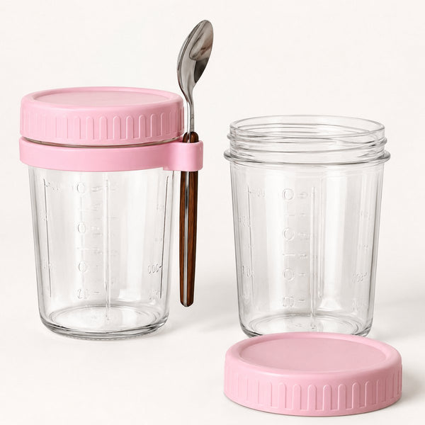 Overnight Oats Potjes Glas – Set van 4 – 400 ml – Inclusief Lepels – Meal Prep Potjes – Yoghurt Bekers met Deksel – To Go Ontbijtpotjes