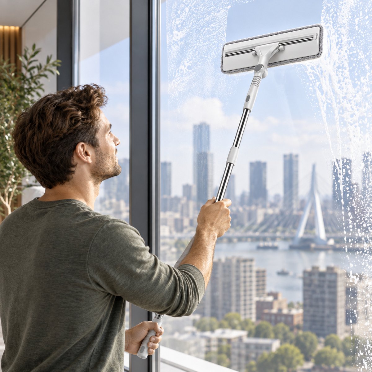 Raamwisser met Telescopische Steel – 2-in-1 Raamreiniger met Microvezel Inwasser – Uitschuifbaar 87-145 cm – 30 cm Wisser – Draaibare Kop