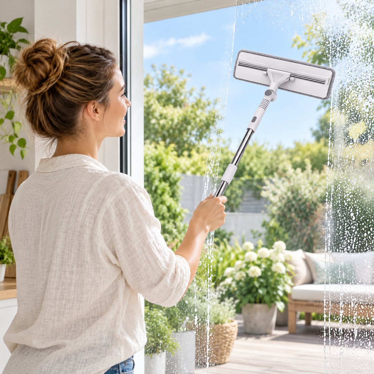 Raamwisser met Telescopische Steel – 2-in-1 Raamreiniger met Microvezel Inwasser – Uitschuifbaar 87-145 cm – 30 cm Wisser – Draaibare Kop