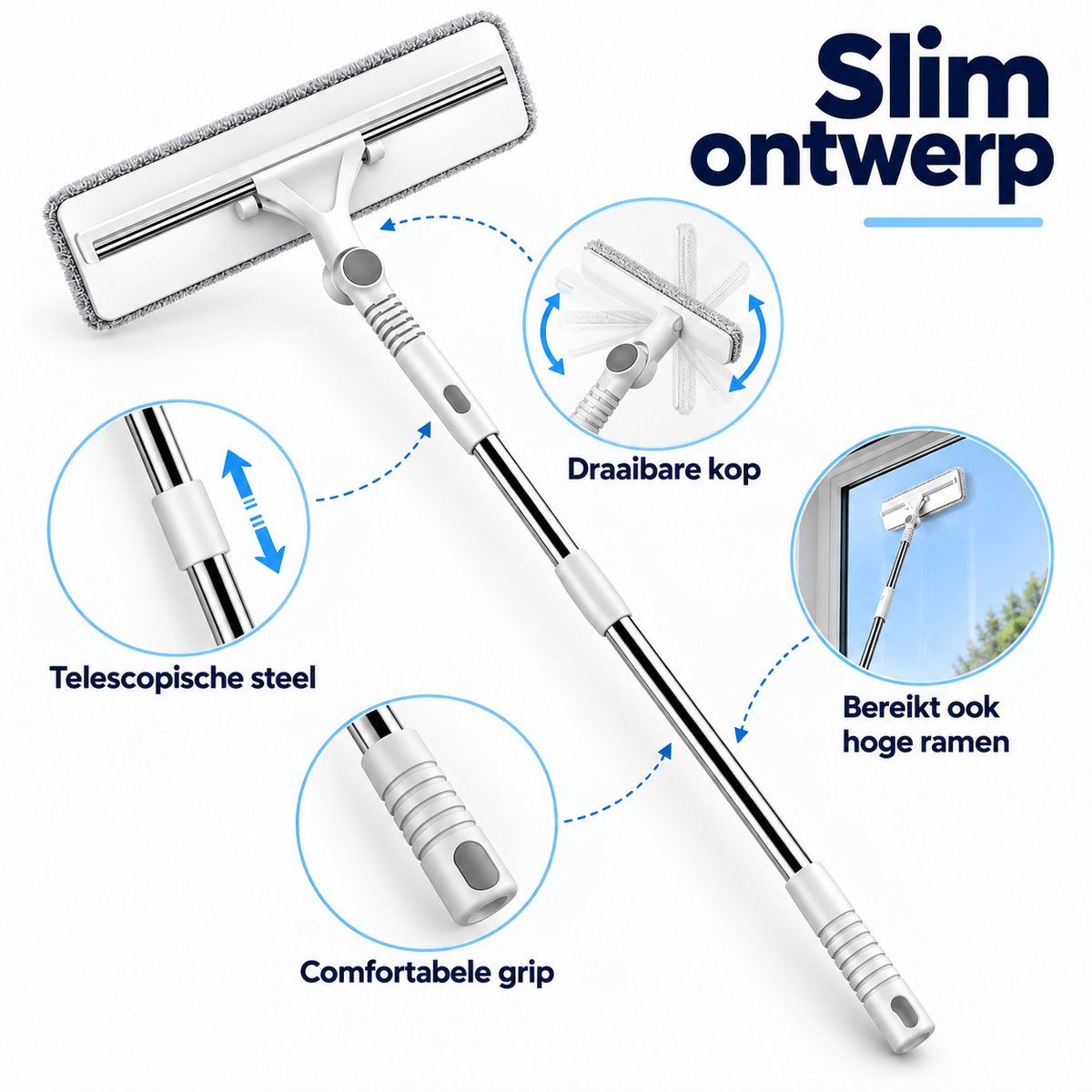 Raamwisser met Telescopische Steel – 2-in-1 Raamreiniger met Microvezel Inwasser – Uitschuifbaar 87-145 cm – 30 cm Wisser – Draaibare Kop