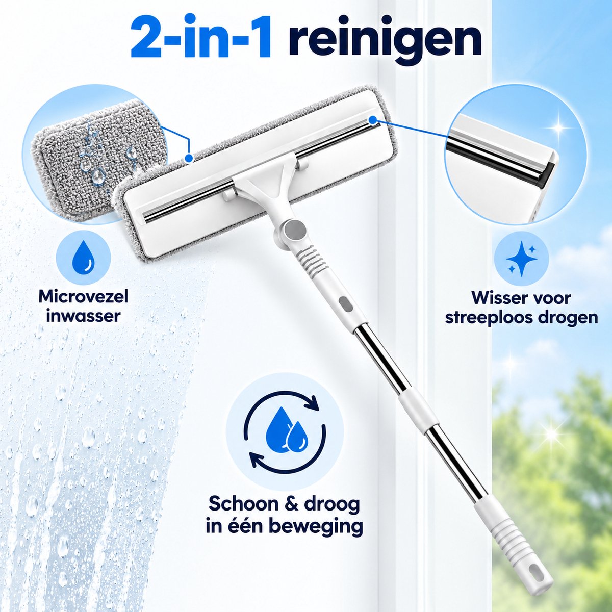 Raamwisser met Telescopische Steel – 2-in-1 Raamreiniger met Microvezel Inwasser – Uitschuifbaar 87-145 cm – 30 cm Wisser – Draaibare Kop