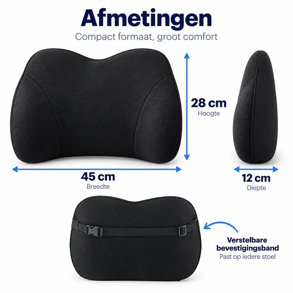 Rugsteun voor Bureaustoel & Auto – Rugkussen met Traagschuim – Lendensteun met Verstelbare Band – 45 x 28 x 12 cm – Zwart