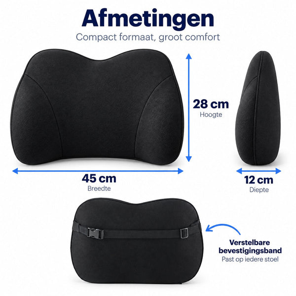 Rugsteun voor Bureaustoel & Auto – Rugkussen met Traagschuim – Lendensteun met Verstelbare Band – 45 x 28 x 12 cm – Zwart