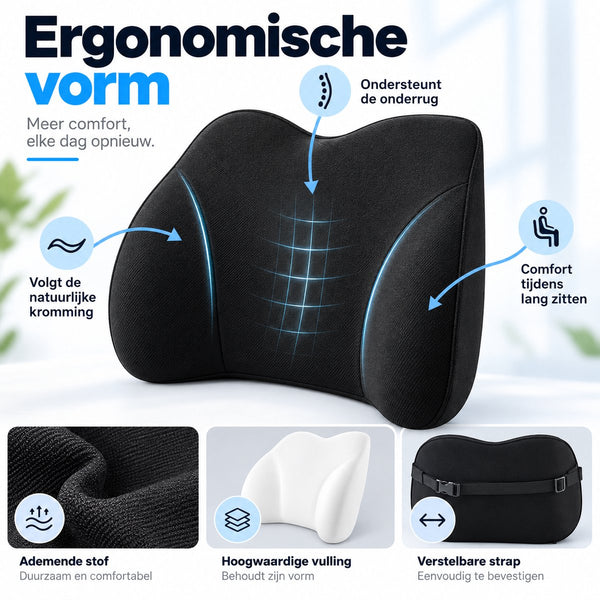 Rugsteun voor Bureaustoel & Auto – Rugkussen met Traagschuim – Lendensteun met Verstelbare Band – 45 x 28 x 12 cm – Zwart