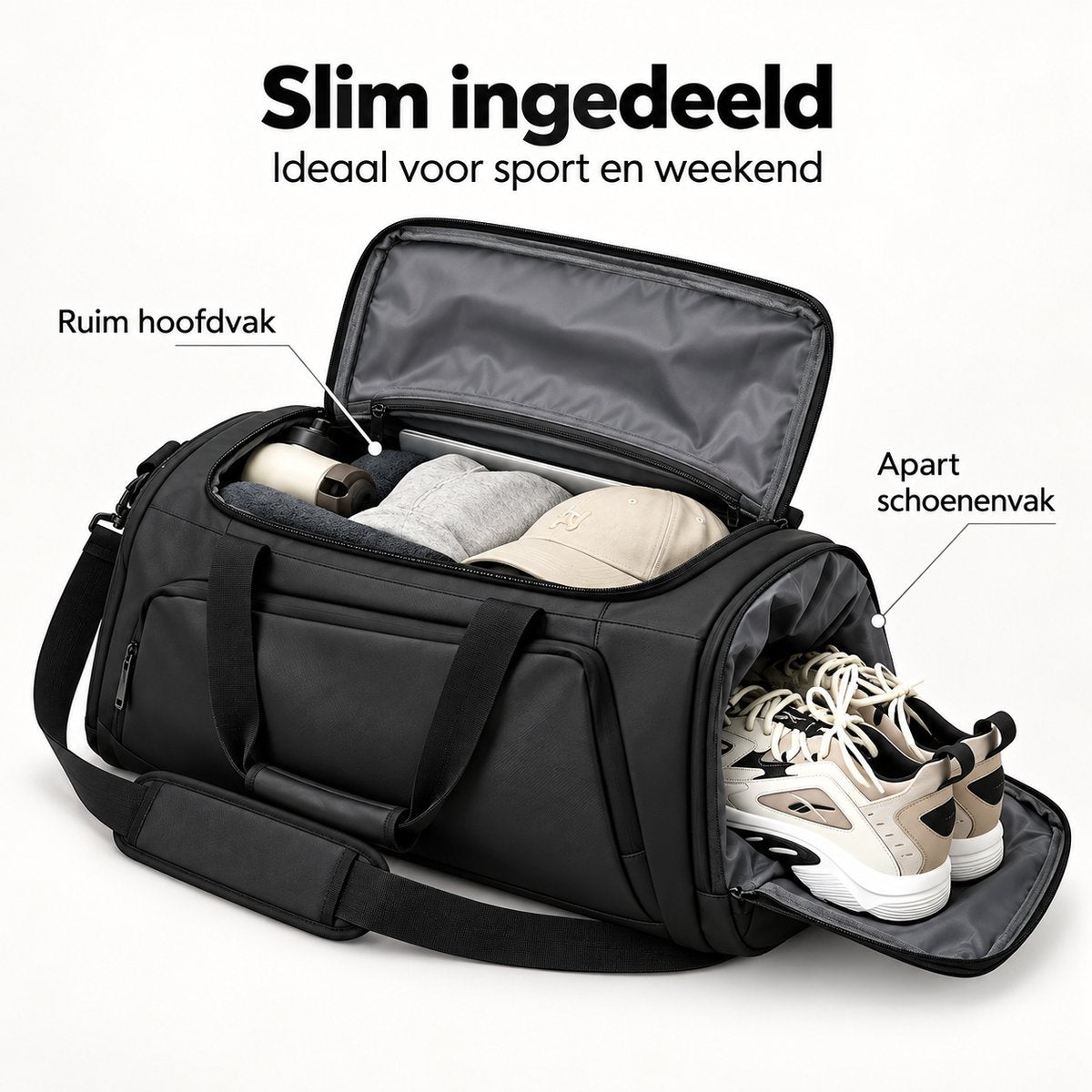 Sporttas 40L – 3-in-1 Sporttas, Reistas & Rugzak – Met Schoenenvak – Schoudertas met Rugzakbanden – Weekendtas – 58 × 26 × 26 cm – Zwart