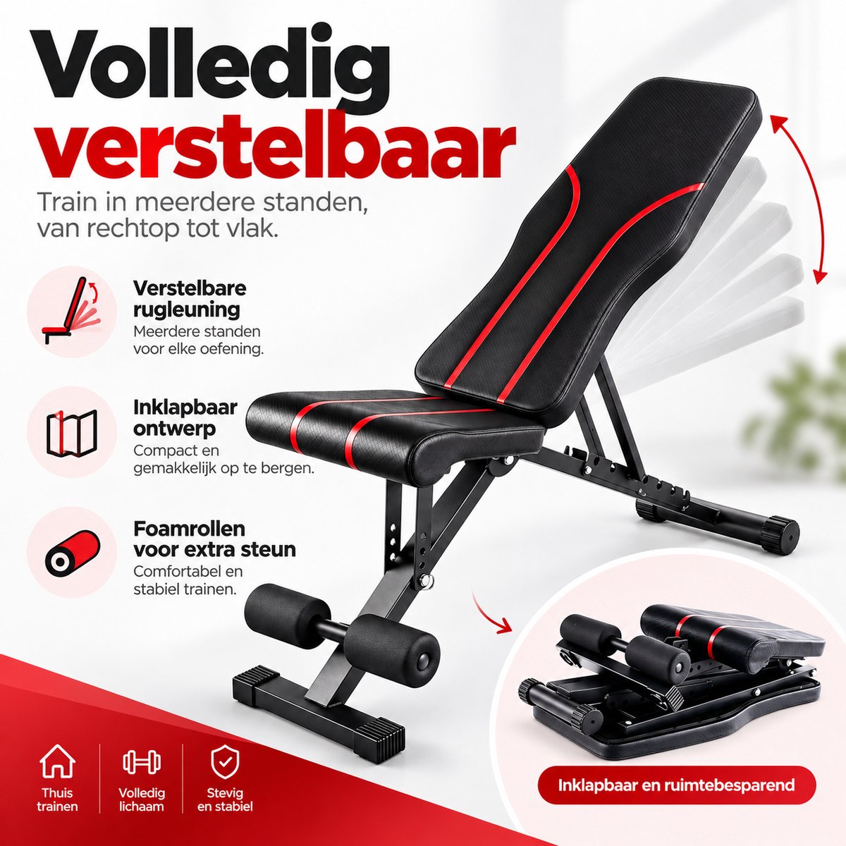 Verstelbare Fitnessbank – Opvouwbare Trainingsbank voor Thuis – Halterbank met Verstelbare Rugleuning – Incline & Flat Bench – Buikspierbank met Beenrollen – Zwart-Rood