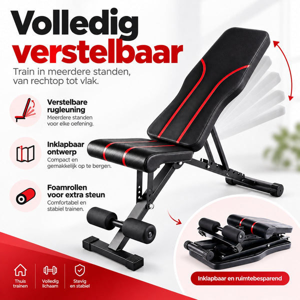 Verstelbare Fitnessbank – Opvouwbare Trainingsbank voor Thuis – Halterbank met Verstelbare Rugleuning – Incline & Flat Bench – Buikspierbank met Beenrollen – Zwart-Rood