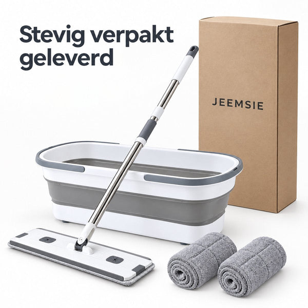 Dweilset met Emmer – Vlakmop met Opvouwbare Emmer – 360° Draaibare Mop – Telescopische Steel 127 cm – Inclusief 2 Microvezeldoeken – Wit-Grijs - Dwijl