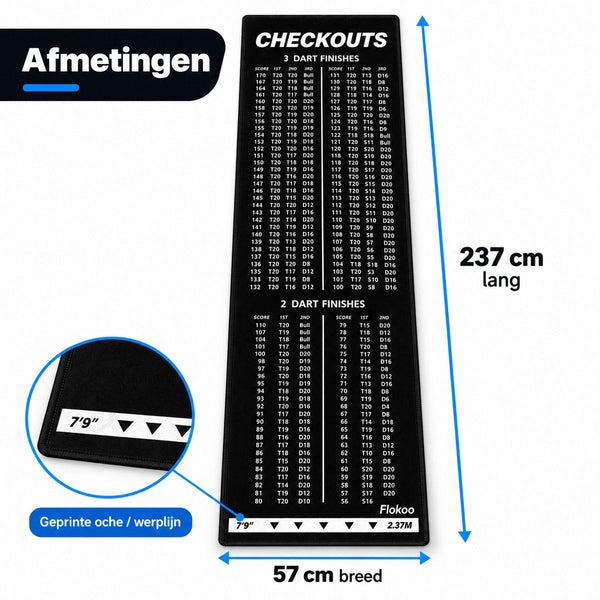 Dartmat met Oche & Checkout Tabel – 237 x 57 cm – Dartmat met Werplijn 2,37 m – 2 & 3 Dart Finishes – Antislip Dartmat – Zwart