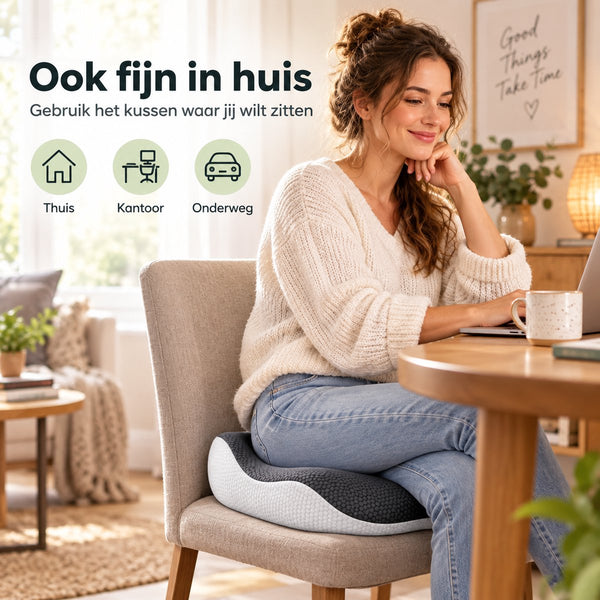 Ergonomisch Zitkussen met Traagschuim – Stoelkussen met Uitsparing – Voor Bureaustoel, Auto & Eetkamerstoel – 44 x 38 x 10 cm – Grijs-Wit