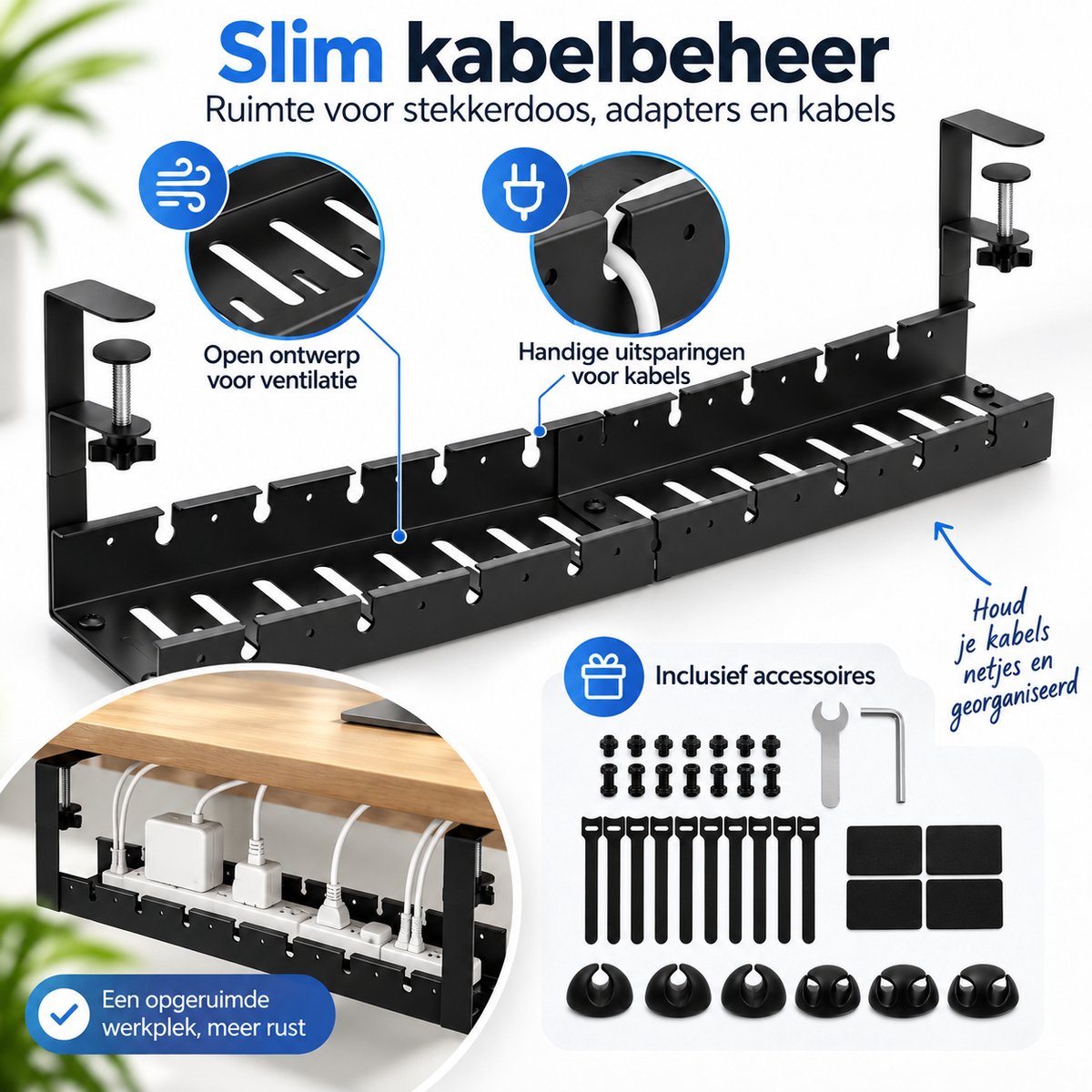 Kabelgoot Bureau – Verstelbare Kabelmanagement Tray 40-78 cm – Kabelbak Onder Bureau Zonder Boren – Met Klembevestiging – Voor Stekkerdoos, Adapters & Kabels – Zwart