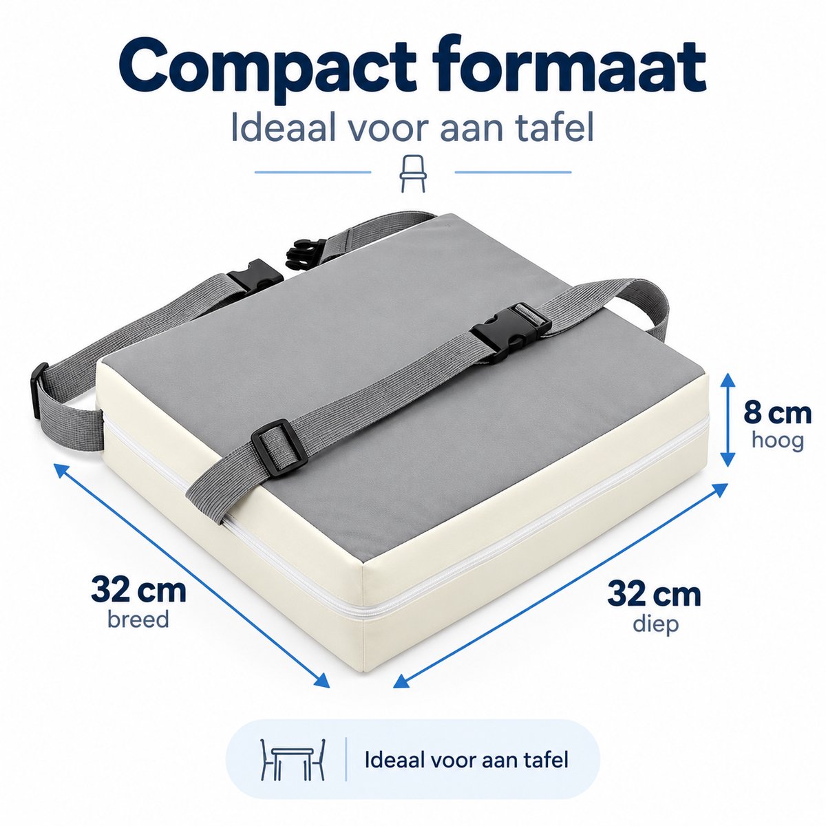 Stoelverhoger Kind – Zitverhoger voor Eetkamerstoel – 32 x 32 x 8 cm – Booster Seat met Verstelbare Riemen – Afneembare Hoes – Zitkussen voor aan Tafel