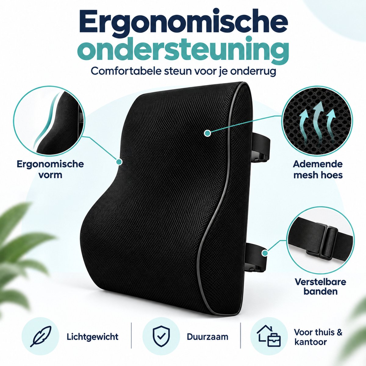Lendensteun voor Bureaustoel & Auto – Rugkussen – Rugsteun met Memory Foam – Ademend Mesh – Verstelbare Banden – Voor Kantoor, Thuis & Autostoel – Zwart