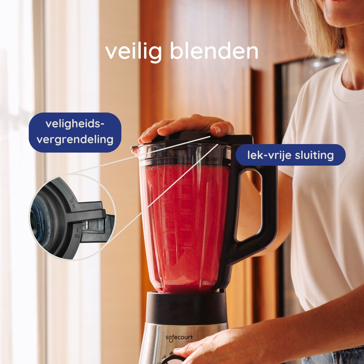 Safecourt Kitchen Power blender - 5 automatische programma's - Smoothie maker - +2 to go cups - RVS