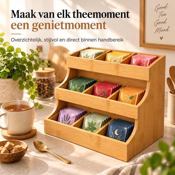 Theezakjes Organizer Bamboe – Theedoos met 12 Vakken – 3-Laags Theerek – Theezakjeshouder voor Aanrecht – Volledig Gemonteerd – 26,7 × 17,3 × 24,1 cm