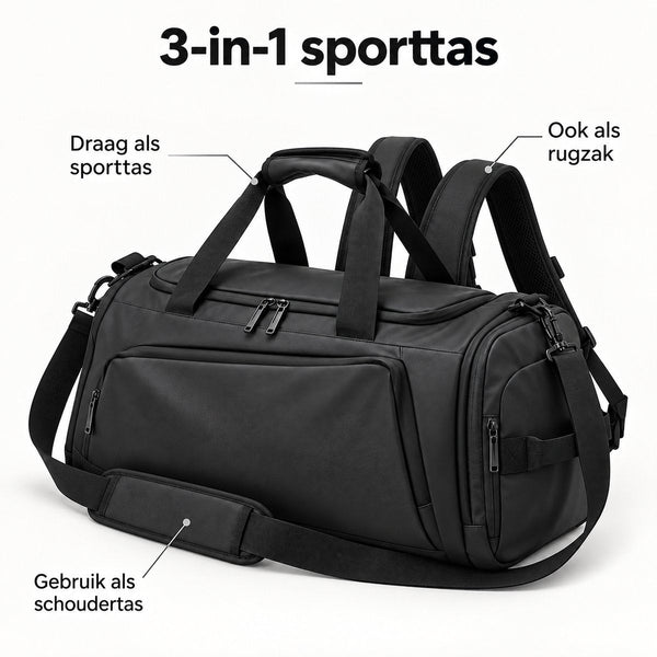 Sporttas 40L – 3-in-1 Sporttas, Reistas & Rugzak – Met Schoenenvak – Schoudertas met Rugzakbanden – Weekendtas – 58 × 26 × 26 cm – Zwart