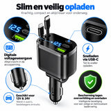 5-in-1 Autolader – USB-C & Lightning Kabel Ingebouwd – 2x USB-C + USB-A – 12V-24V – Digitale Spanningsmeter – Autolader voor Telefoon & Tablet
