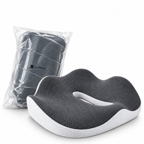 Ergonomisch Zitkussen met Traagschuim – Stoelkussen met Uitsparing – Voor Bureaustoel, Auto & Eetkamerstoel – 44 x 38 x 10 cm – Grijs-Wit