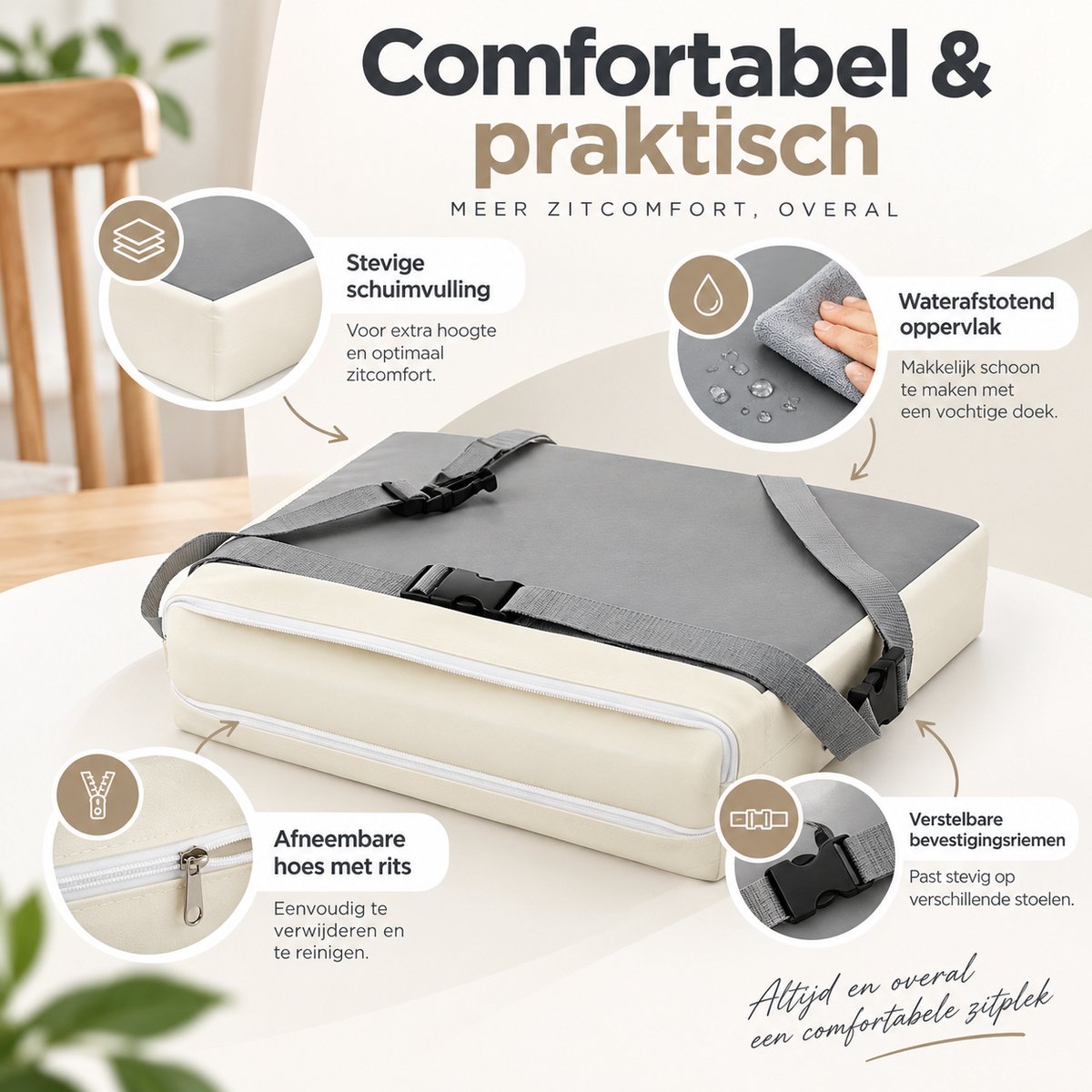 Stoelverhoger Kind – Zitverhoger voor Eetkamerstoel – 32 x 32 x 8 cm – Booster Seat met Verstelbare Riemen – Afneembare Hoes – Zitkussen voor aan Tafel
