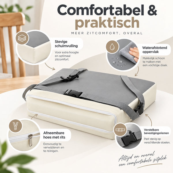 Stoelverhoger Kind – Zitverhoger voor Eetkamerstoel – 32 x 32 x 8 cm – Booster Seat met Verstelbare Riemen – Afneembare Hoes – Zitkussen voor aan Tafel