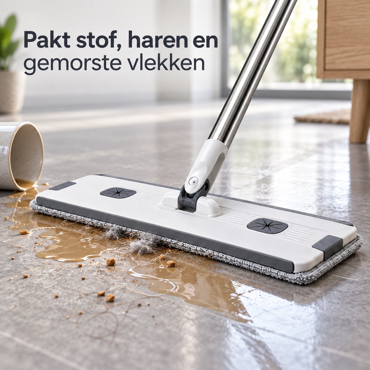 Dweilset met Emmer – Vlakmop met Opvouwbare Emmer – 360° Draaibare Mop – Telescopische Steel 127 cm – Inclusief 2 Microvezeldoeken – Wit-Grijs - Dwijl