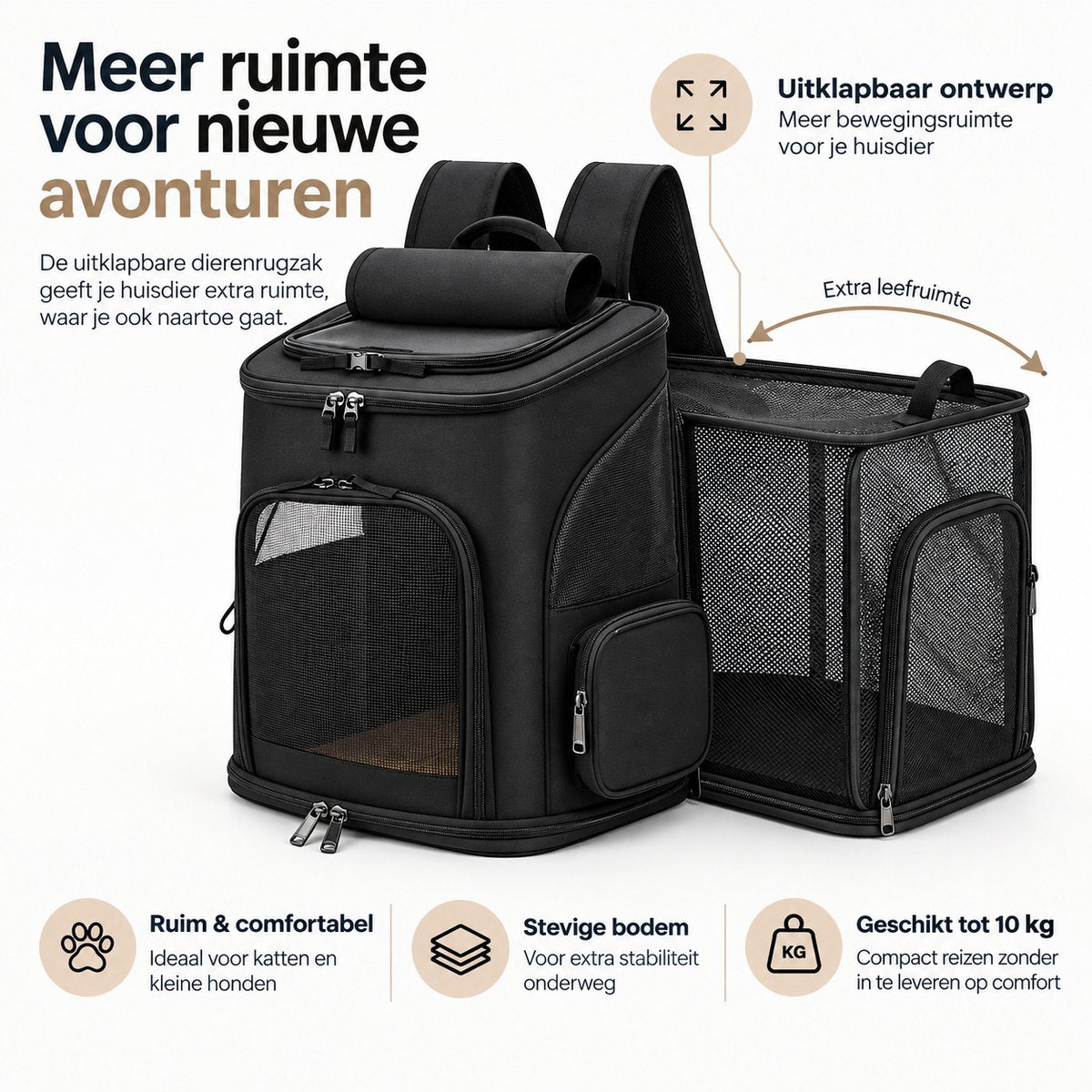 Dierenrugzak voor Kat & Kleine Hond – Uitklapbare Kattenrugzak – Reistas tot 10 kg – Ademend Mesh – 33 x 26 x 40 cm – Transporttas voor Katten en Honden – Zwar