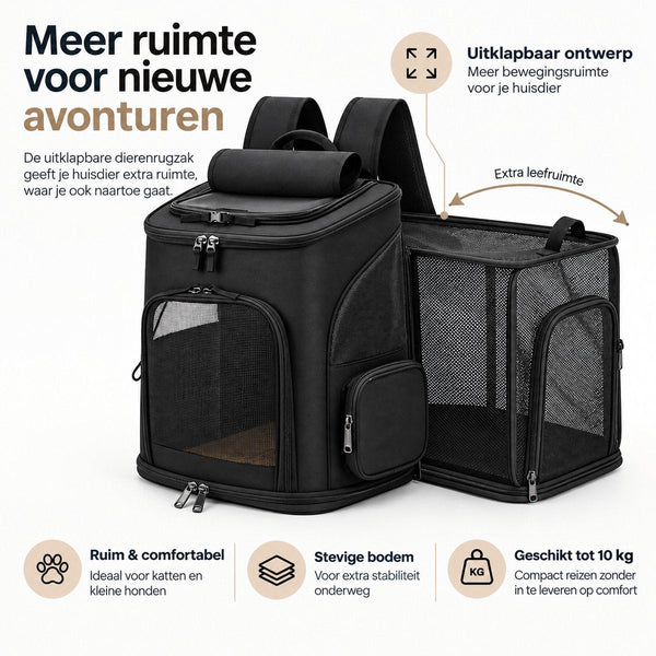 Dierenrugzak voor Kat & Kleine Hond – Uitklapbare Kattenrugzak – Reistas tot 10 kg – Ademend Mesh – 33 x 26 x 40 cm – Transporttas voor Katten en Honden – Zwar