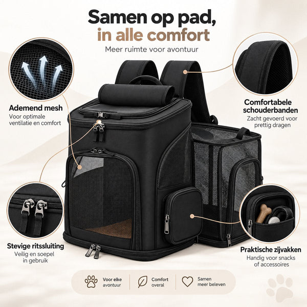 Dierenrugzak voor Kat & Kleine Hond – Uitklapbare Kattenrugzak – Reistas tot 10 kg – Ademend Mesh – 33 x 26 x 40 cm – Transporttas voor Katten en Honden – Zwar