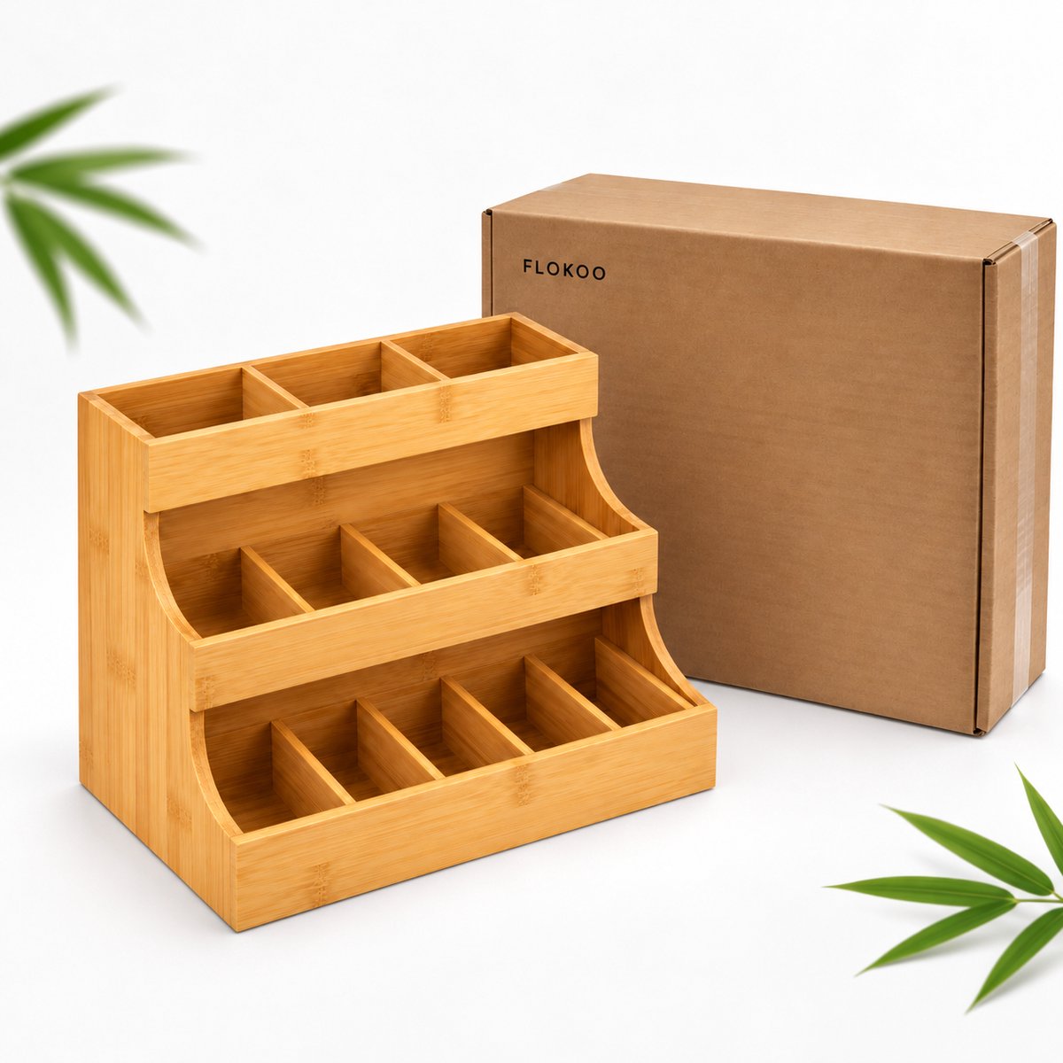 Theezakjes Organizer Bamboe – Theedoos met 12 Vakken – 3-Laags Theerek – Theezakjeshouder voor Aanrecht – Volledig Gemonteerd – 26,7 × 17,3 × 24,1 cm