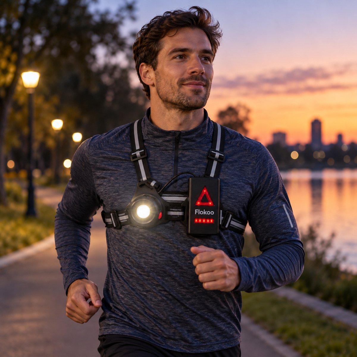 Hardloopverlichting met Borstharnas – Hardlooplamp met Voor- en Achterlicht – Reflecterend & Verstelbaar – USB Oplaadbaar – Hardloop Licht voor Joggen, Wandelen & Avondlopen
