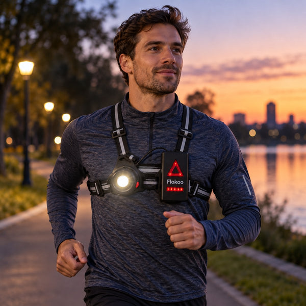 Hardloopverlichting met Borstharnas – Hardlooplamp met Voor- en Achterlicht – Reflecterend & Verstelbaar – USB Oplaadbaar – Hardloop Licht voor Joggen, Wandelen & Avondlopen