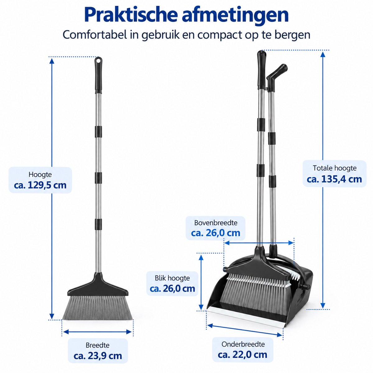 Bezem met Stofblik en Lange Steel – Bezem en Blik Set – Telescopisch & Zelfreinigend – Staande Stoffer en Blik – Voor Haren, Stof en Kruimels – Zwart