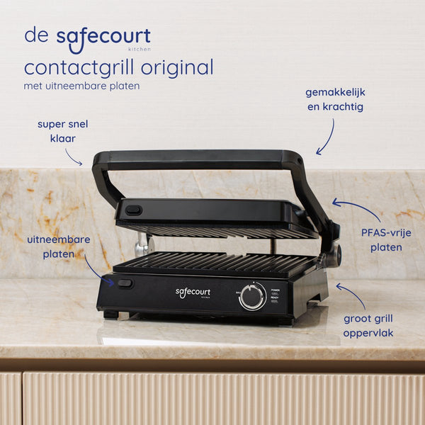 Safecourt Kitchen - Contactgrill 3-in-1 - Tosti-apparaat, Tosti-ijzer & Grillplaat - Uitneembare Platen - PFAS-Vrij - Zwart